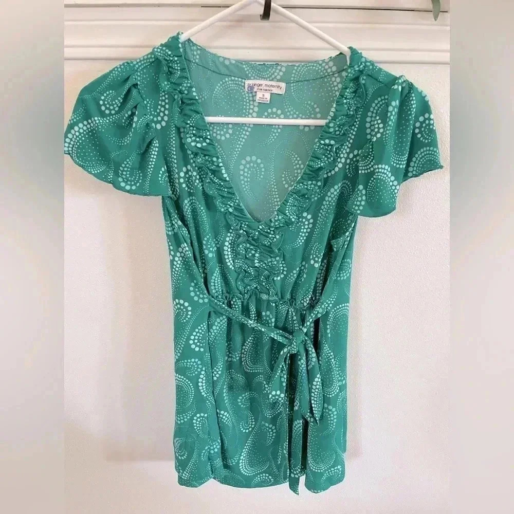 Liz Lange Maternity size‎ small teal short sleeve v-neck shirt with tie​